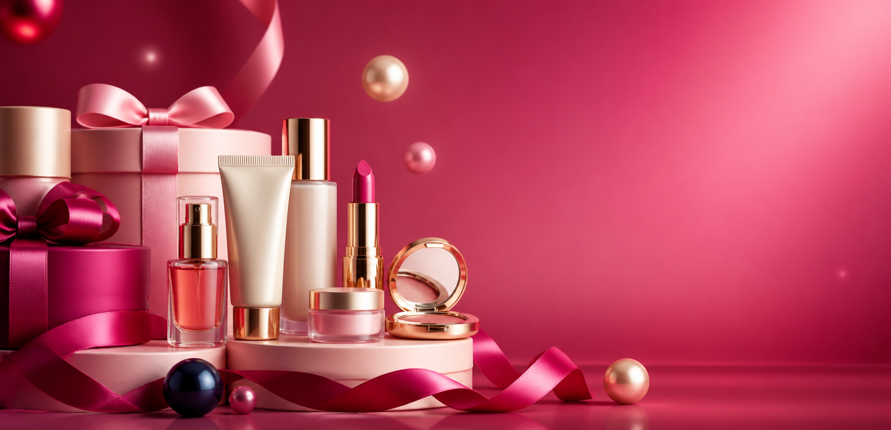 Beauty products arranged with gift boxes