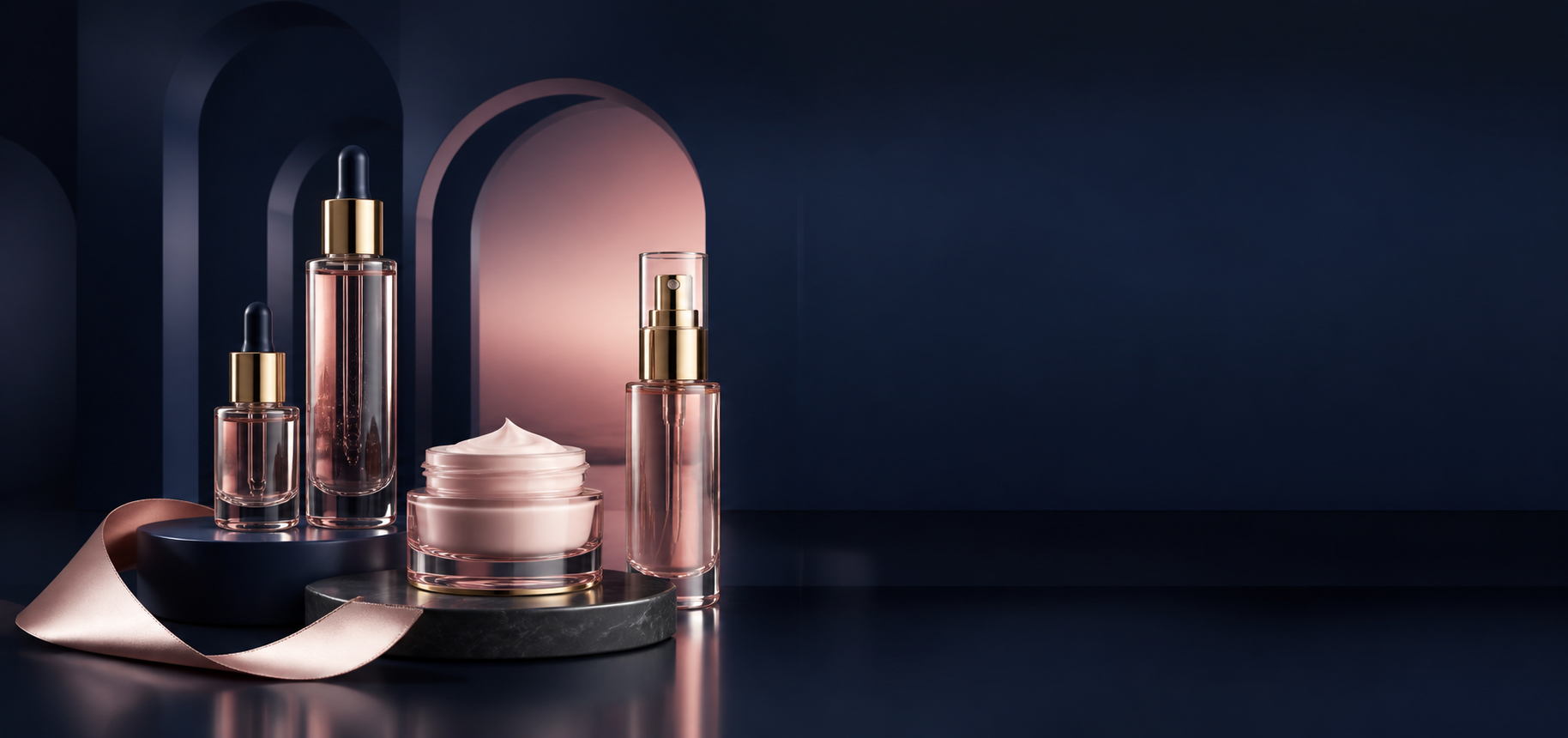 Skincare products in a navy and blush studio